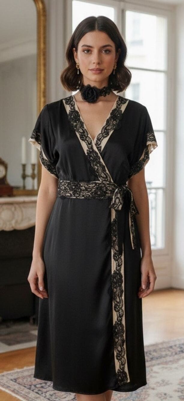 Vintage Y2K BCBG Maxazria Parisian Style Coquette Satin & Lace Wrap Dress